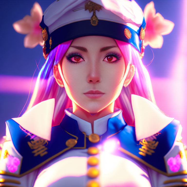 Marine Captain Character in 3D Render with Gold, Purple, and Pink Features