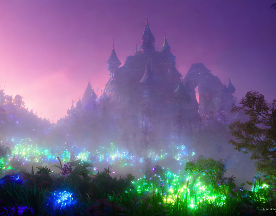 Enchanting Castle in Mystical Forest with Glowing Plants