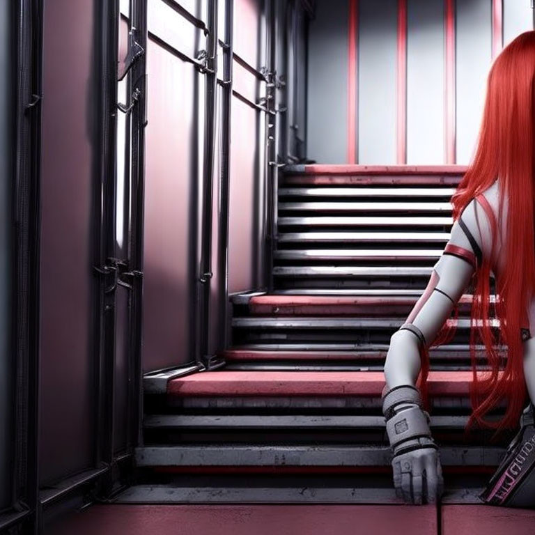 Red-Haired Figure in Futuristic Outfit on Metallic Stairway