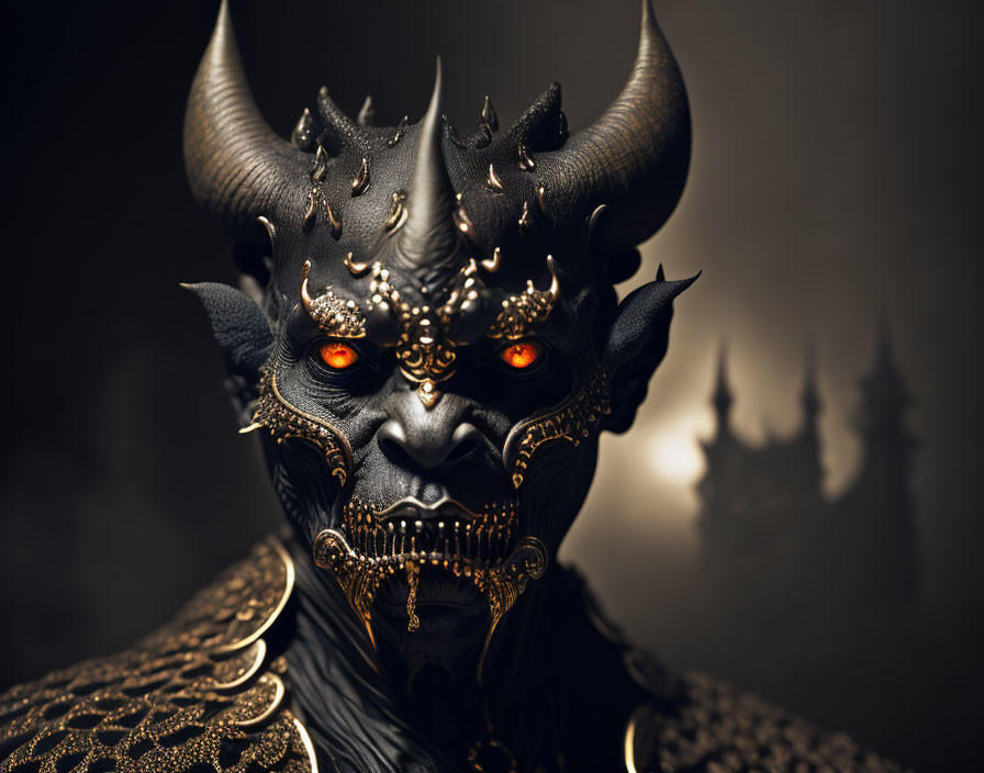 Fantasy creature with horns and red eyes in ornate armor, set against shadowy castle structures