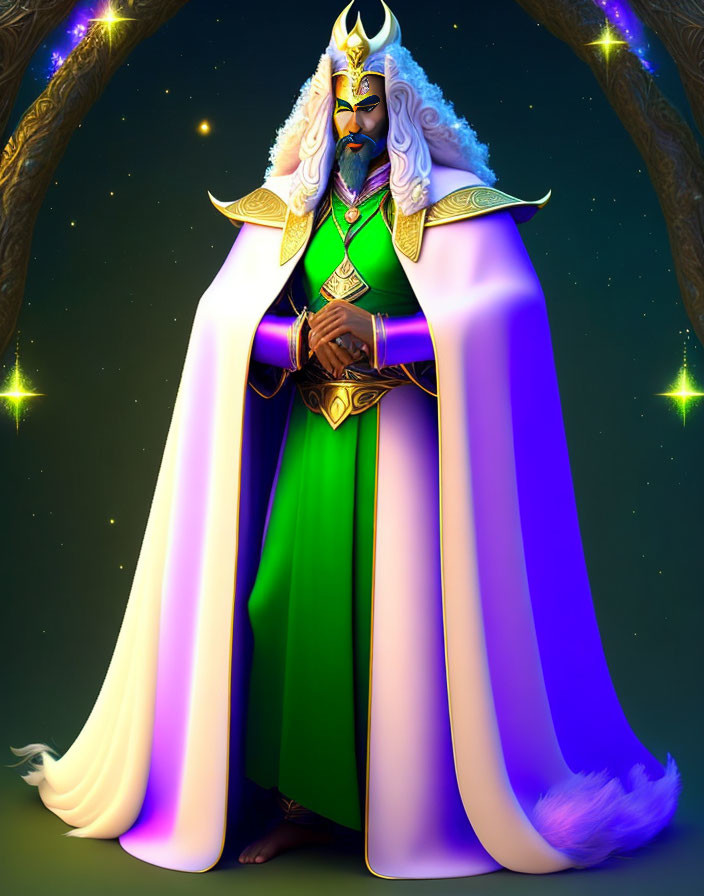Animated character with dark skin, white hair, and ornate attire under starry sky