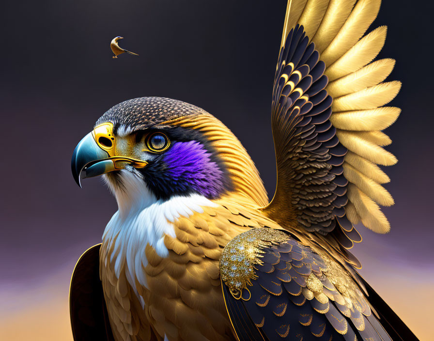 Detailed digital illustration of majestic eagle with vibrant feathers and sharp beak against dusky background.