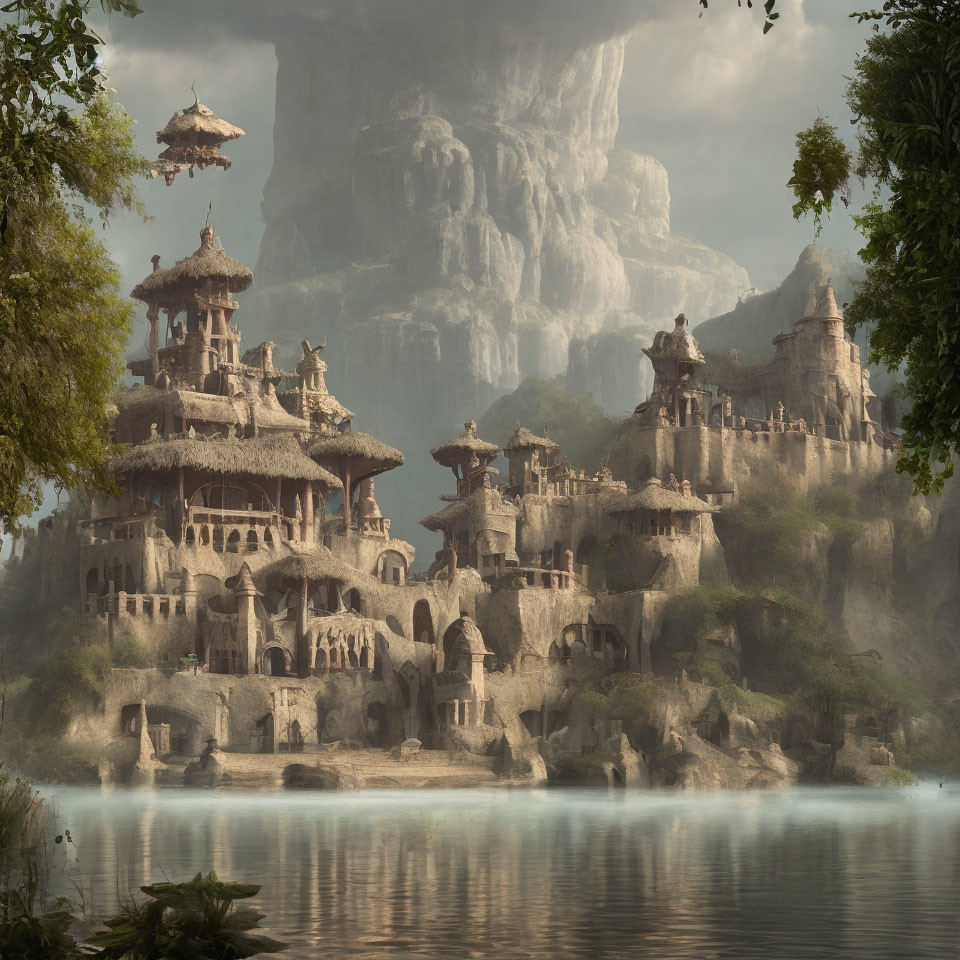 Misty waters, towering cliffs, and pagoda-style structures in a fantasy landscape