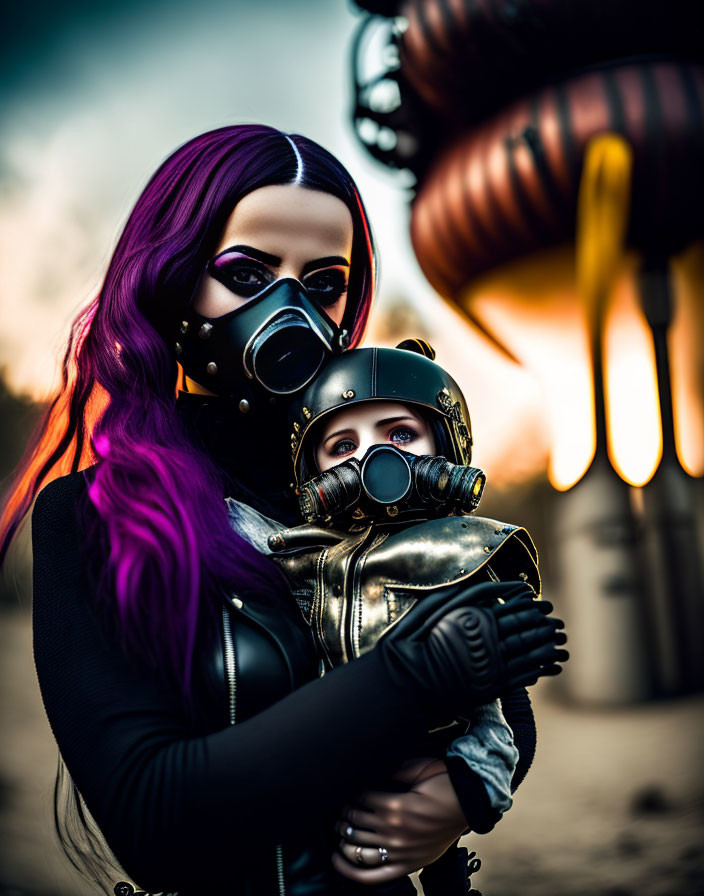Purple-haired woman and child in gas masks against industrial backdrop