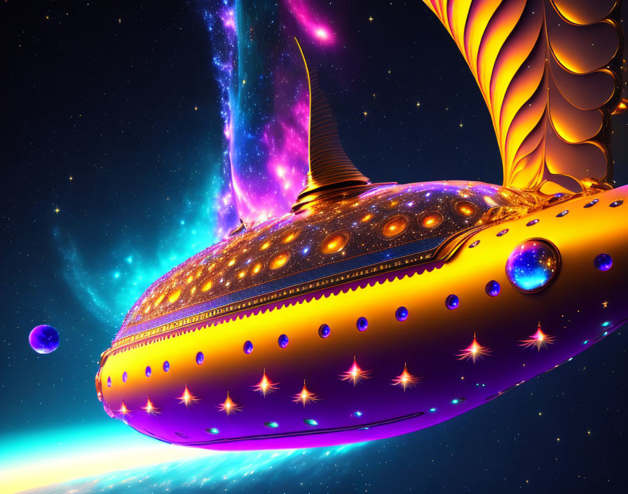 Colorful Futuristic Spaceship Flying Through Starry Space