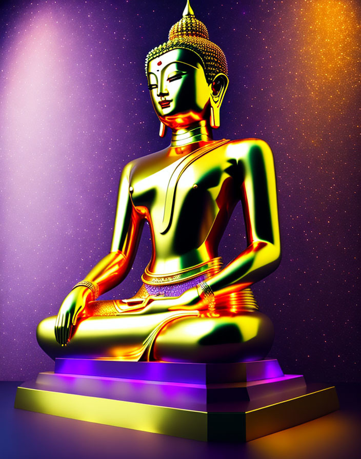 Golden Buddha Statue Meditating on Purple Cosmic Background