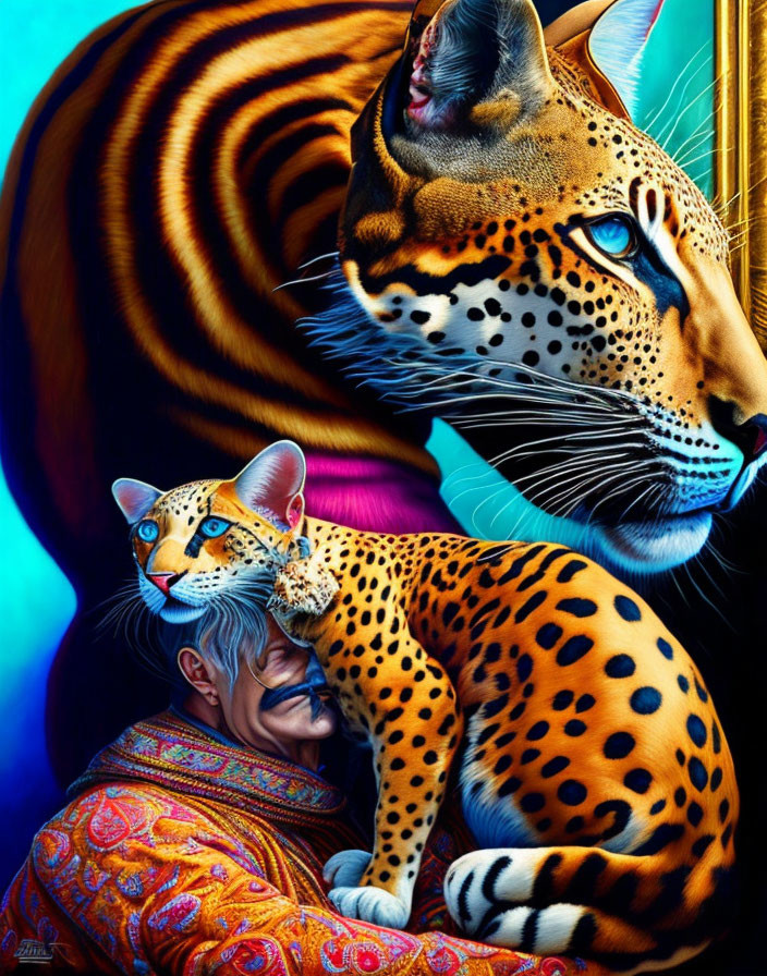 Detailed Illustration of Elderly Person with Tiger and Ocelot