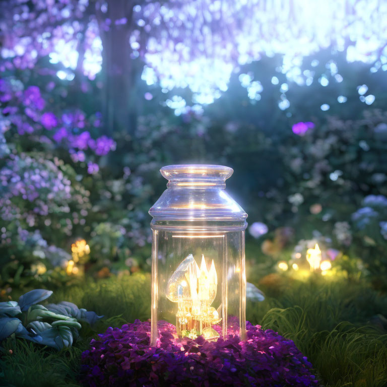 Glowing crystal lantern on purple flowers in magical twilight setting