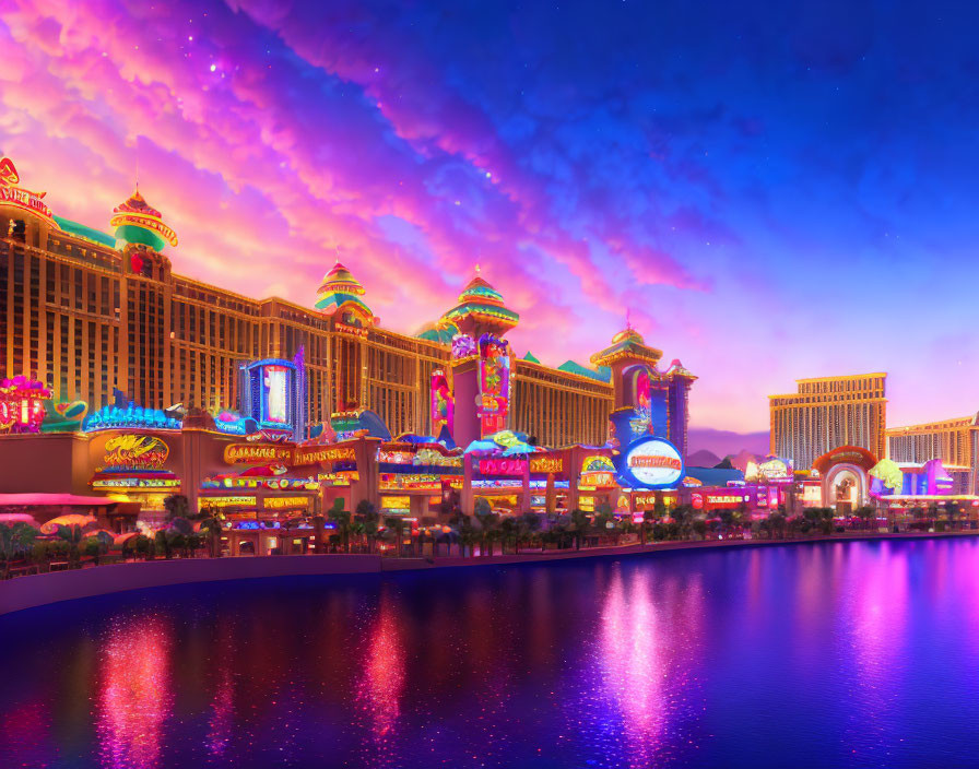Colorful Las Vegas Skyline Reflecting in Purple Sunset Sky