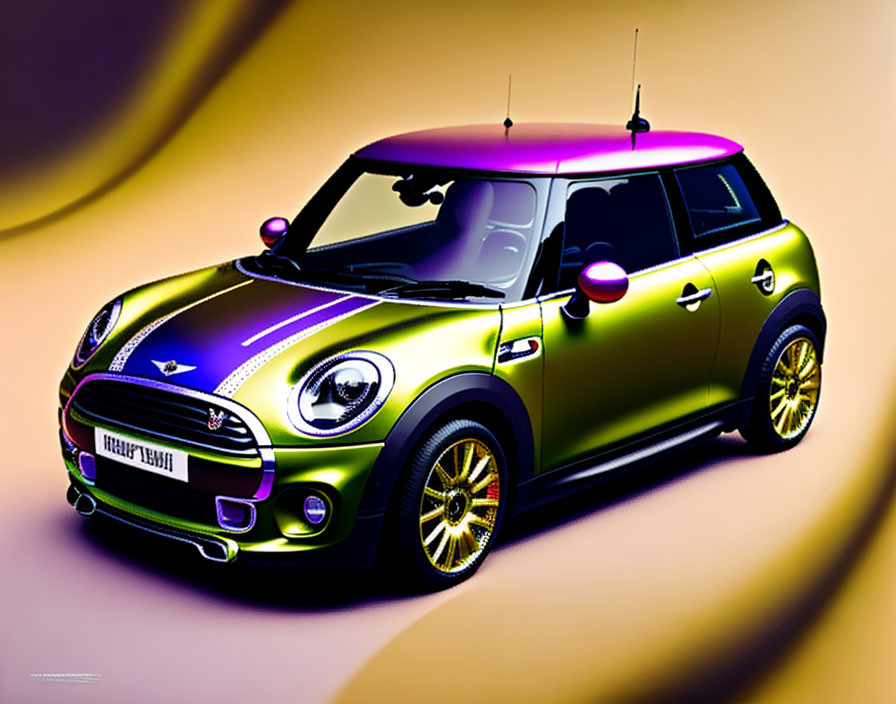 Stylized green Mini Cooper with yellow highlights on purple-tinted background