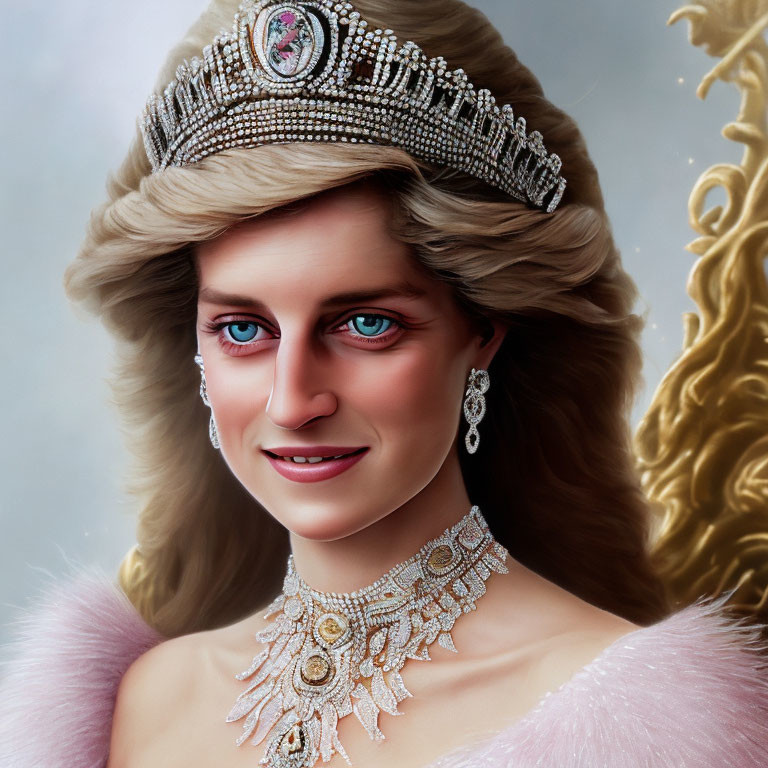 Blonde woman with blue eyes in diamond tiara and pink outfit