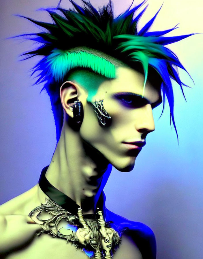 Vibrant green spiked hair, sharp facial features, elaborate makeup, and neck jewelry on blue gradient