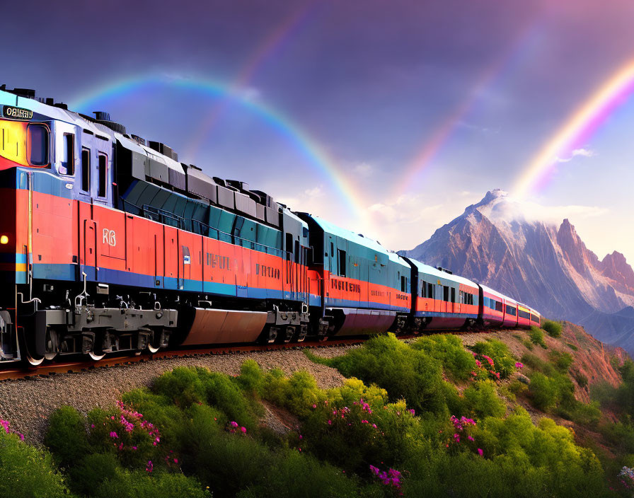 Colorful Train Traveling Through Scenic Landscape