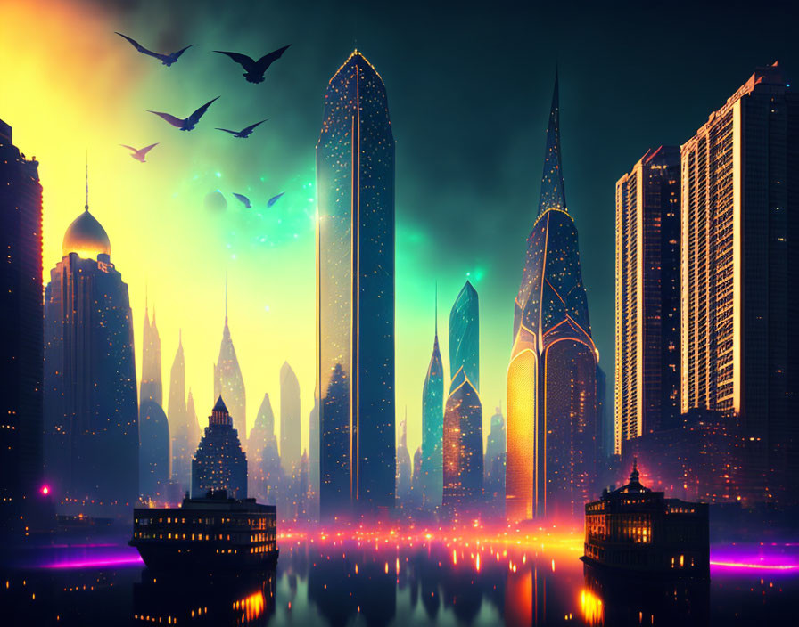Luminescent skyscrapers in futuristic cityscape at dusk
