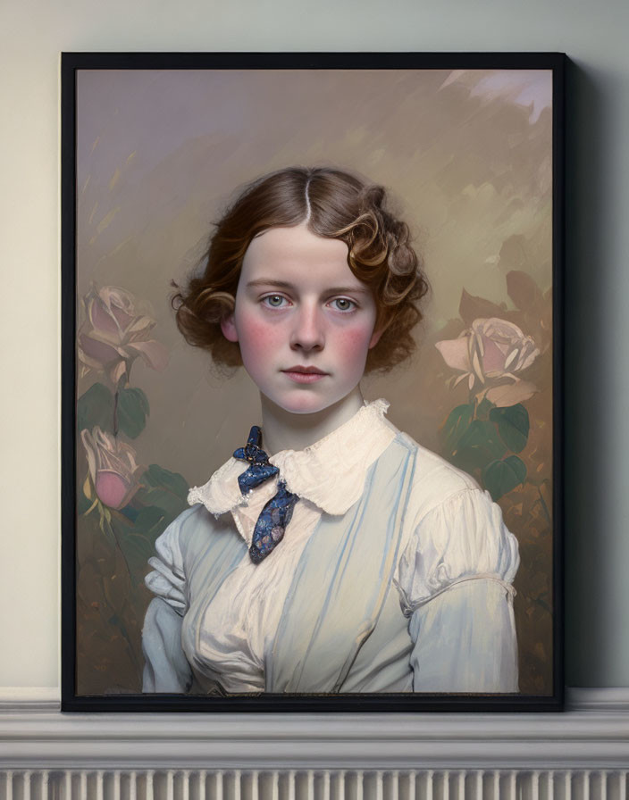 Portrait of young woman with curly hair in white blouse and blue bow, framed with painted roses