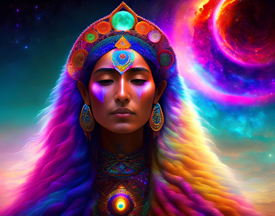 Colorful headdress woman portrait in cosmic setting