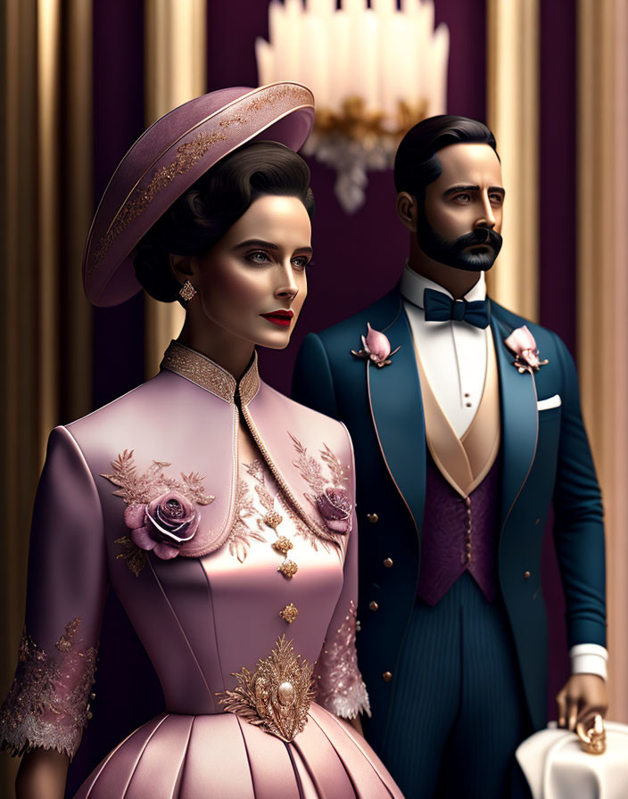 Vintage Formal Attire: Illustrated Couple in Elegant Purple and Blue Outfits