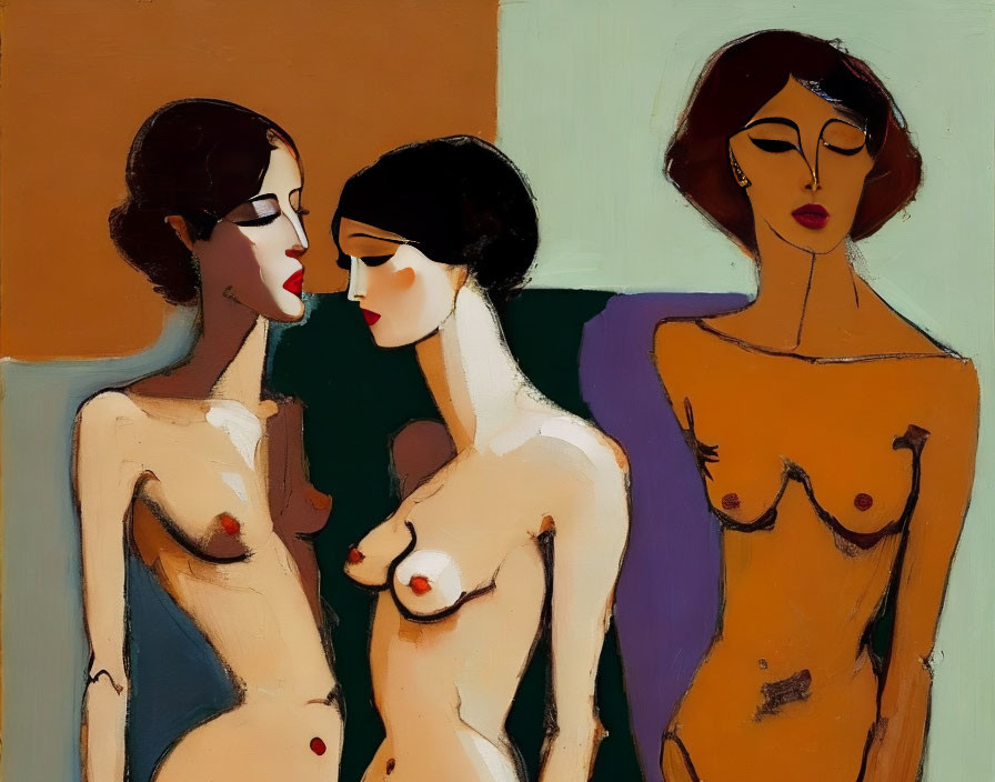 Stylized Abstract Painting of Three Female Figures
