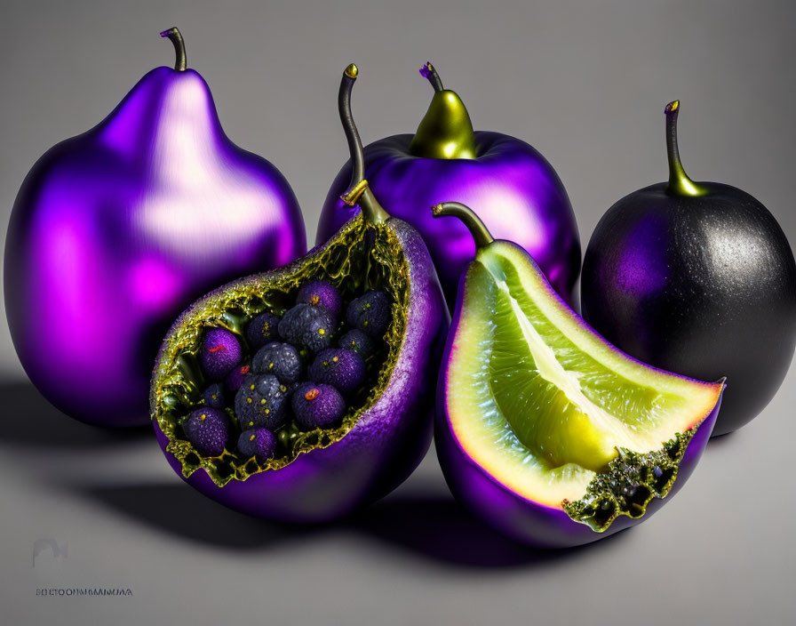Colorful digital artwork featuring sliced purple fruits and bursting blackberries