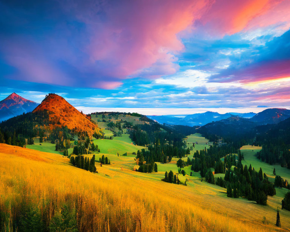 Colorful sunset over mountainous landscape with blue skies, pink and orange clouds