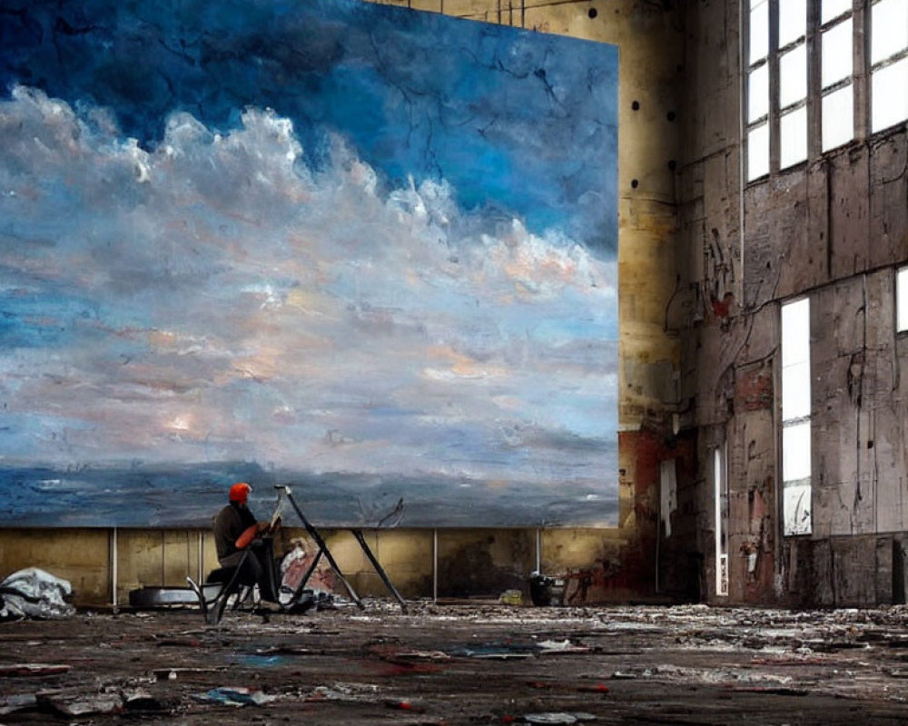Artist painting vibrant sky in dilapidated industrial interior