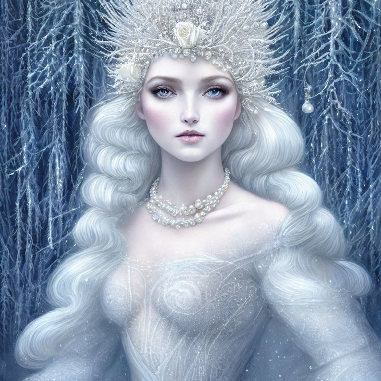 Ethereal woman with white hair in regal attire against icy blue backdrop