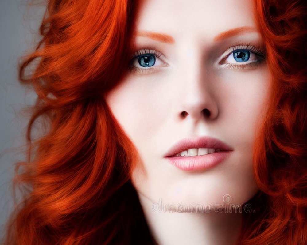 Portrait of woman with red hair, porcelain skin, and blue eyes.