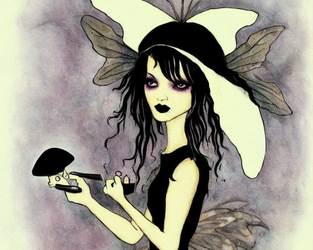 Whimsical fairy with large wings and unique accessories holding tiny human figure