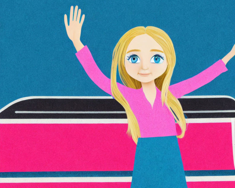 Blonde girl cartoon character in pink and blue outfit on striped background