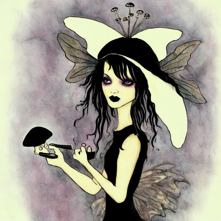 Whimsical fairy with large wings and unique accessories holding tiny human figure