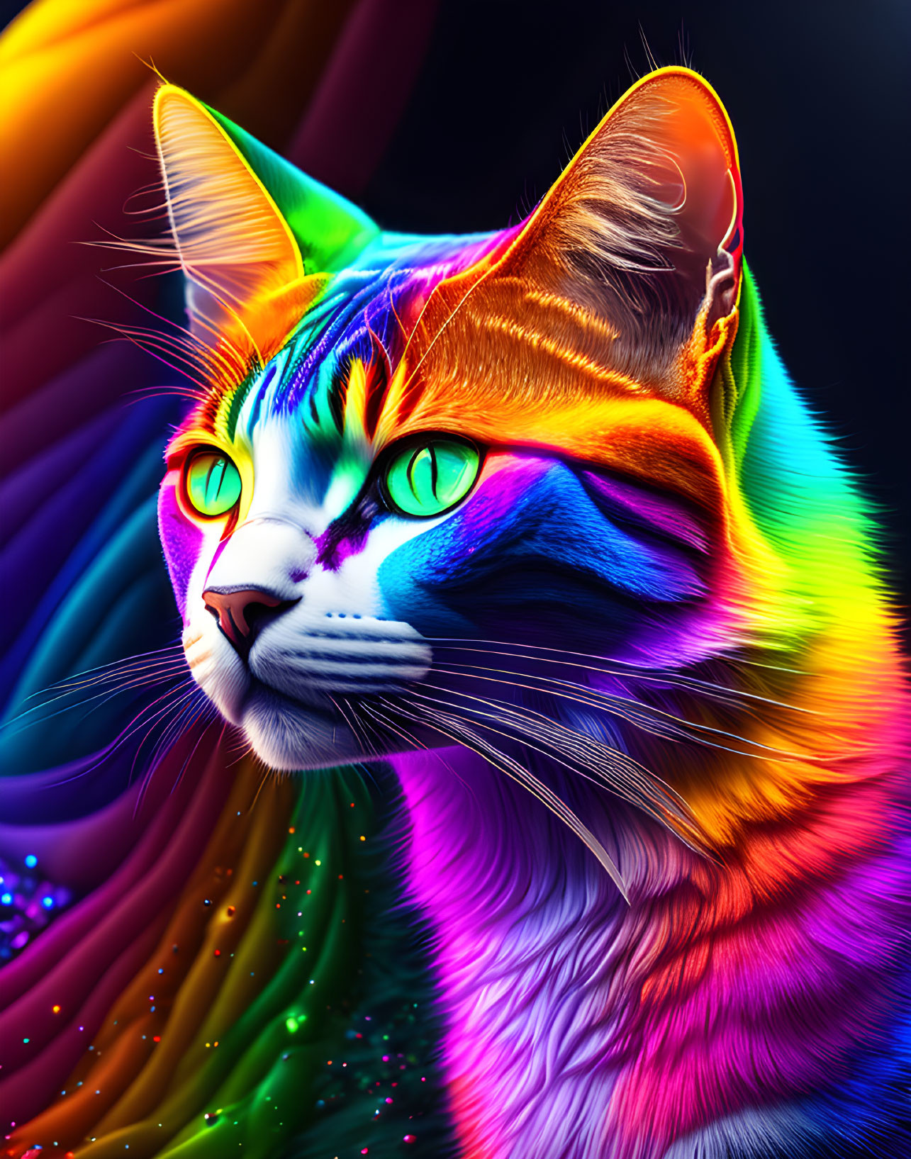 Colorful Digital Artwork: Neon Cat with Swirling Patterns
