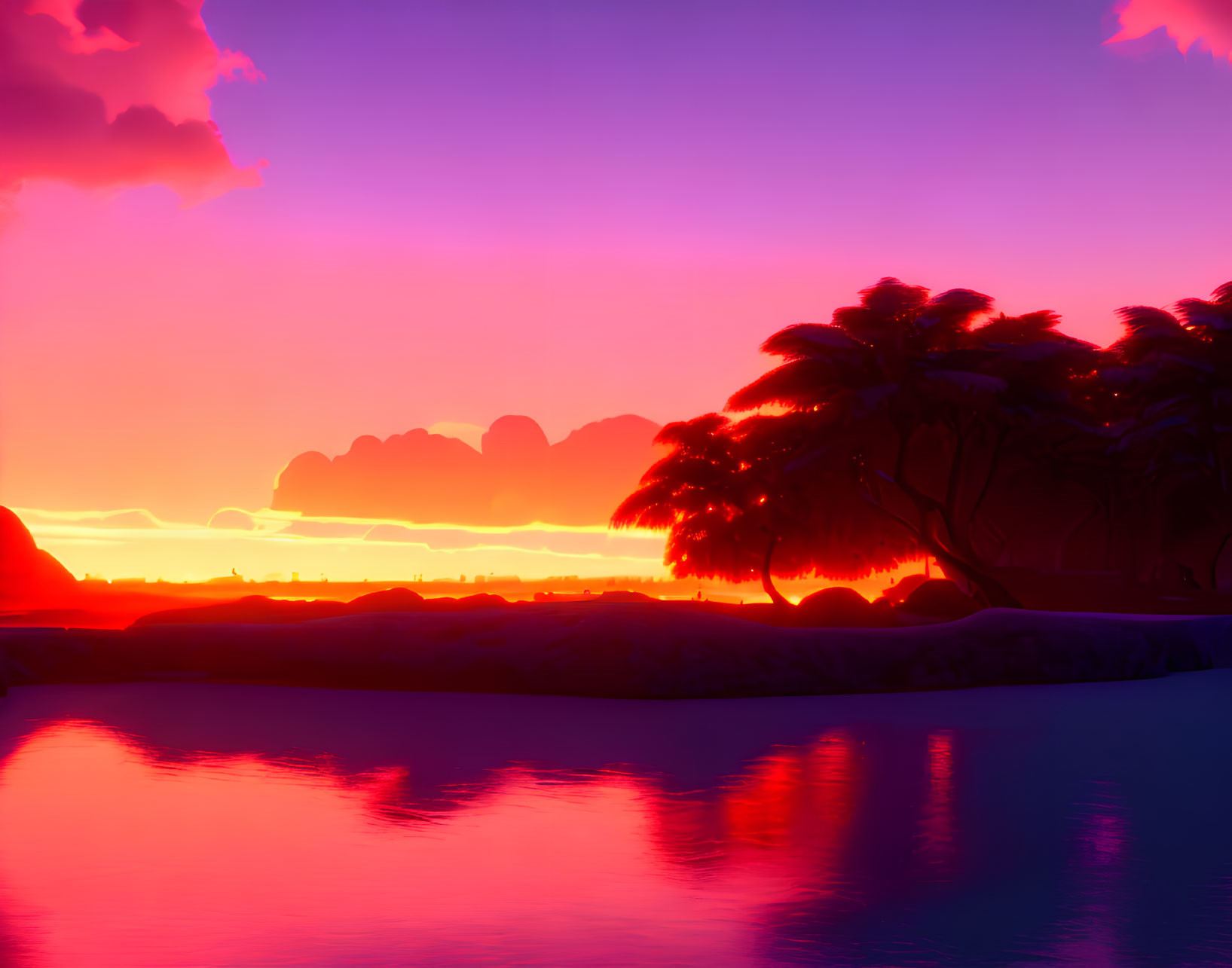 Tropical landscape: Vibrant sunset with pink and purple hues
