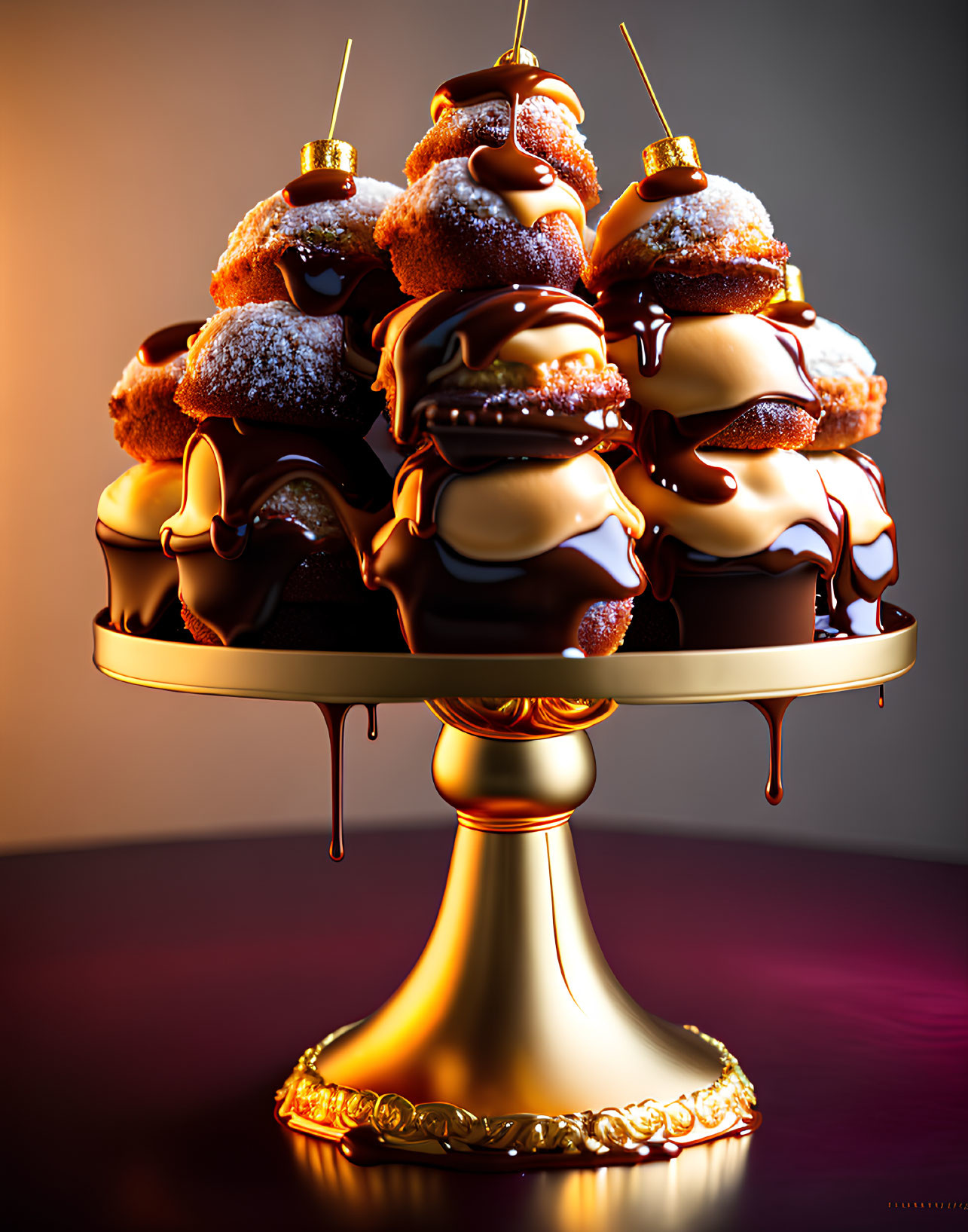 Decadent chocolate-drizzled donuts on tiered stand with sugar dusting