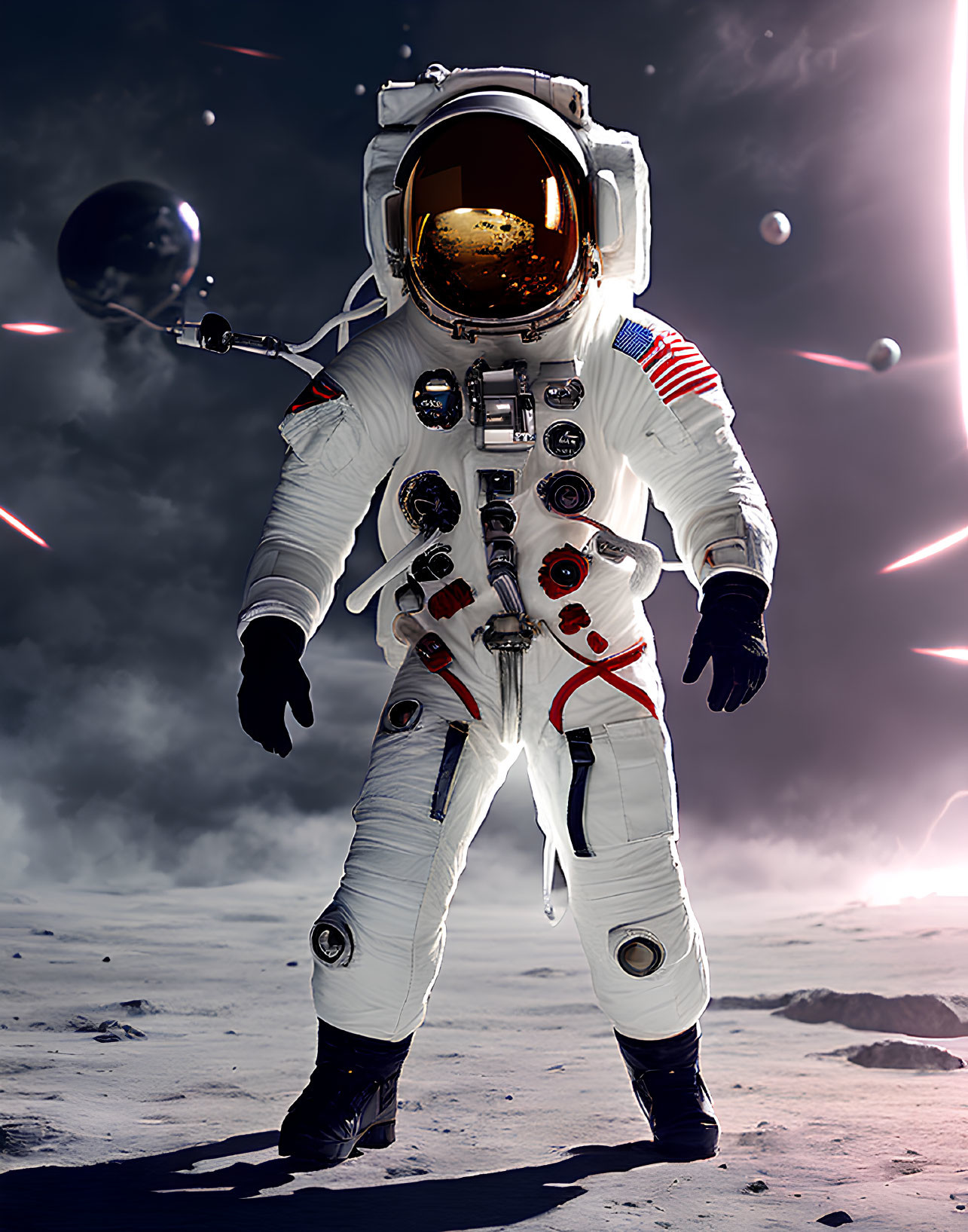 Astronaut in white space suit on rocky surface with American flag patch