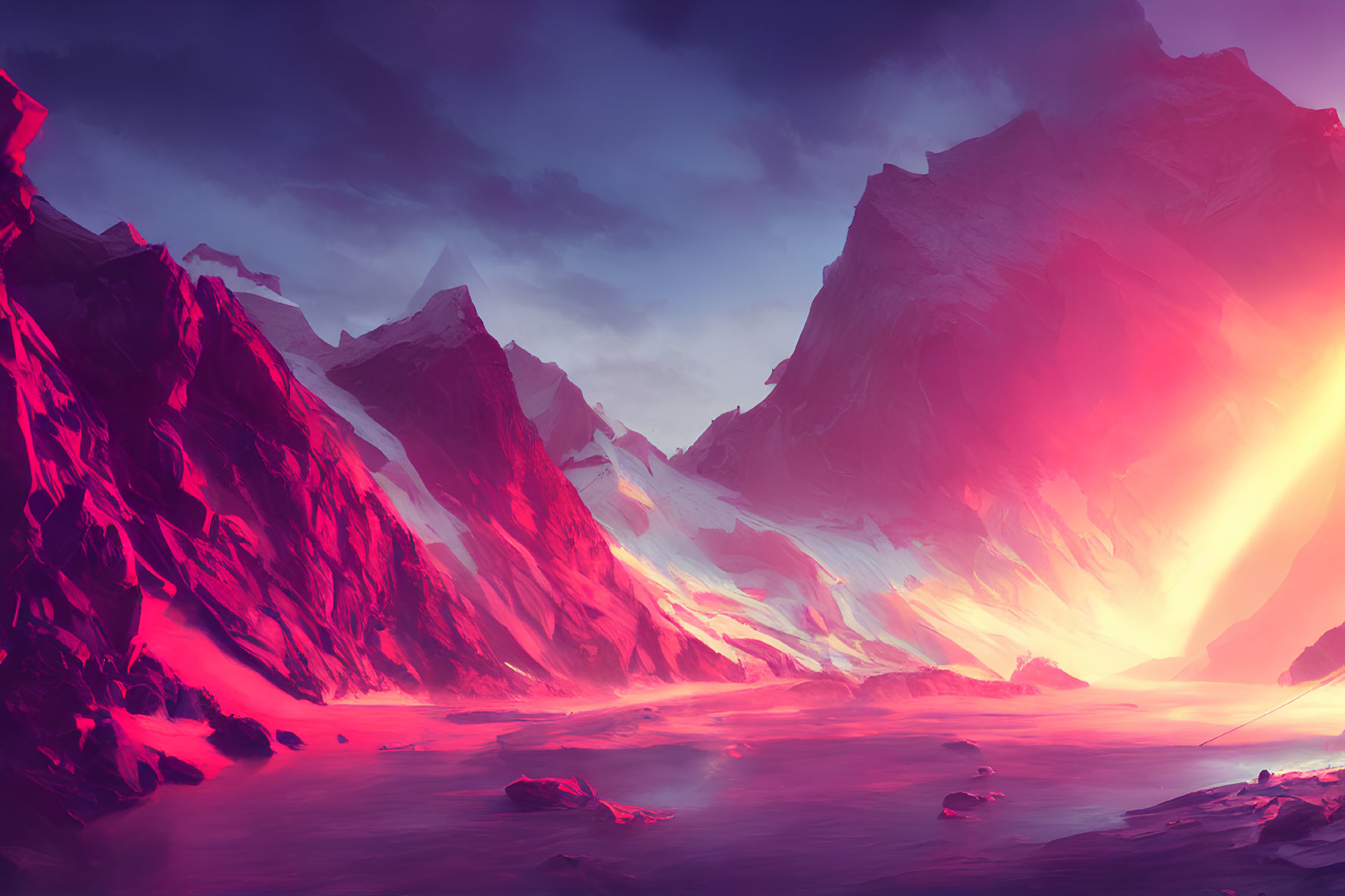Colorful digital artwork: Mountain landscape in pink and purple hues with radiant sun.