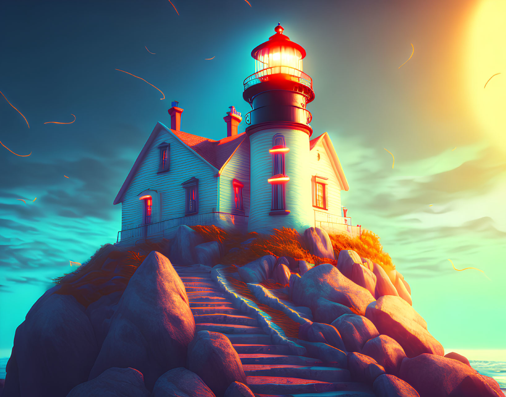 Scenic sunset view of lighthouse on rocky outcrop