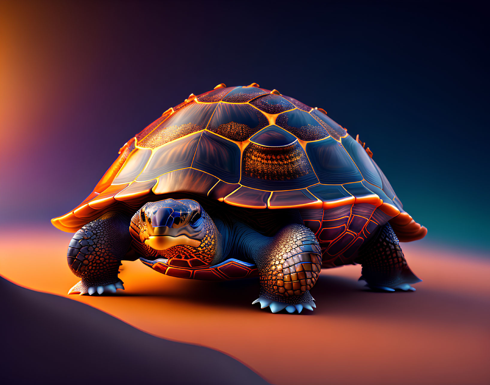 Digitally Rendered Tortoise with Geometric Patterned Shell in Orange and Blue on Gradient Background