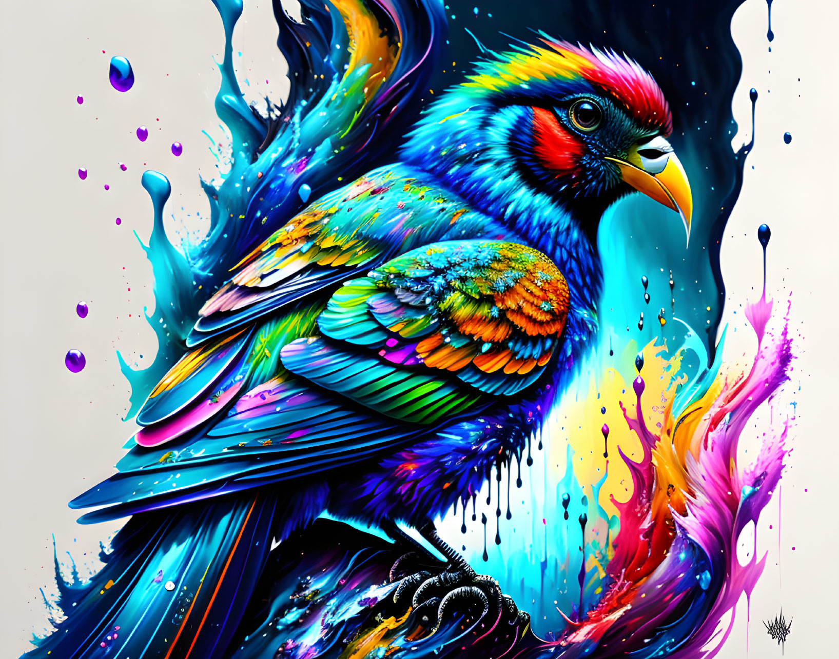 Colorful Bird Artwork with Vibrant Blue, Orange, and Pink Hues