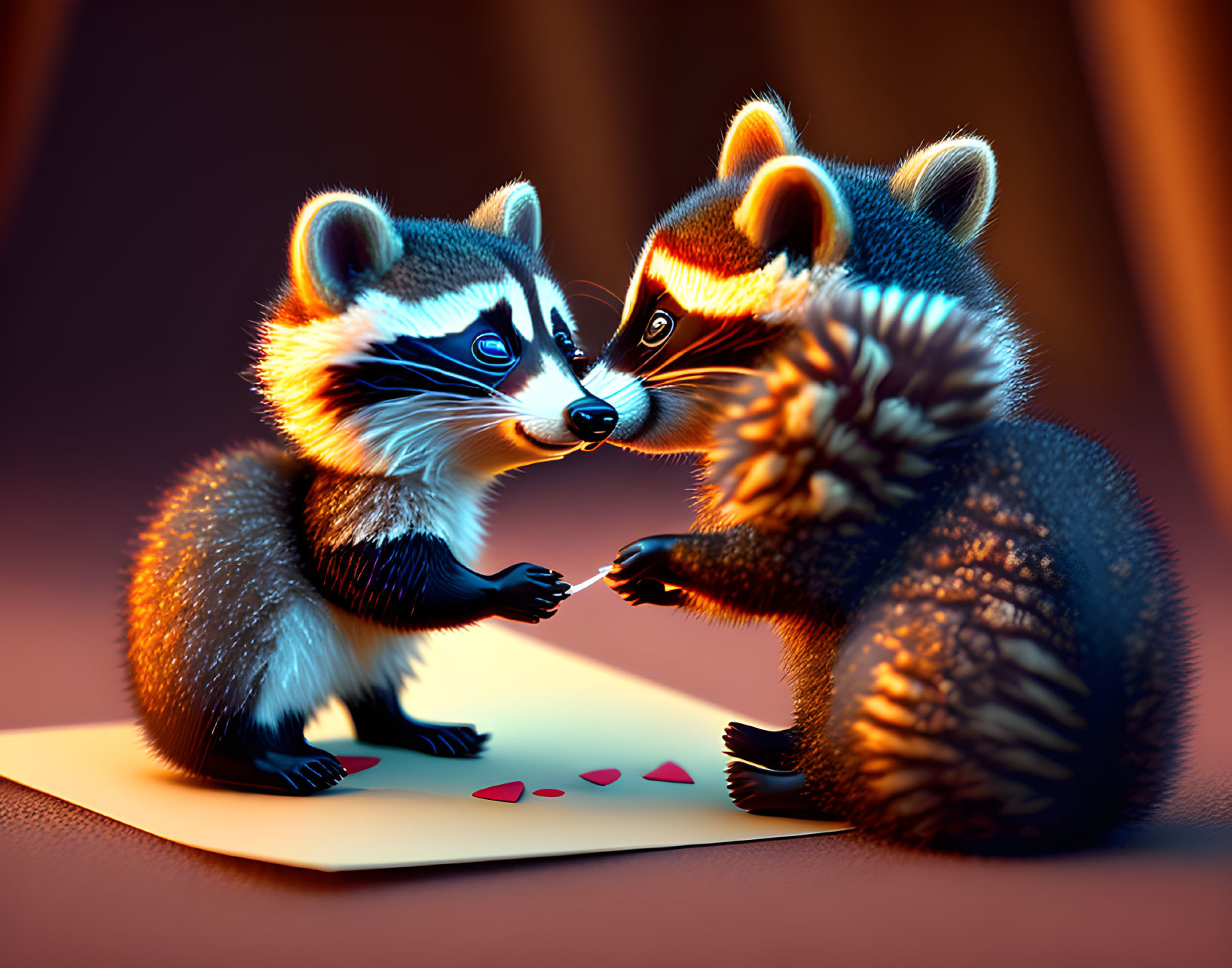 Animated raccoons share heartwarming moment in cozy setting