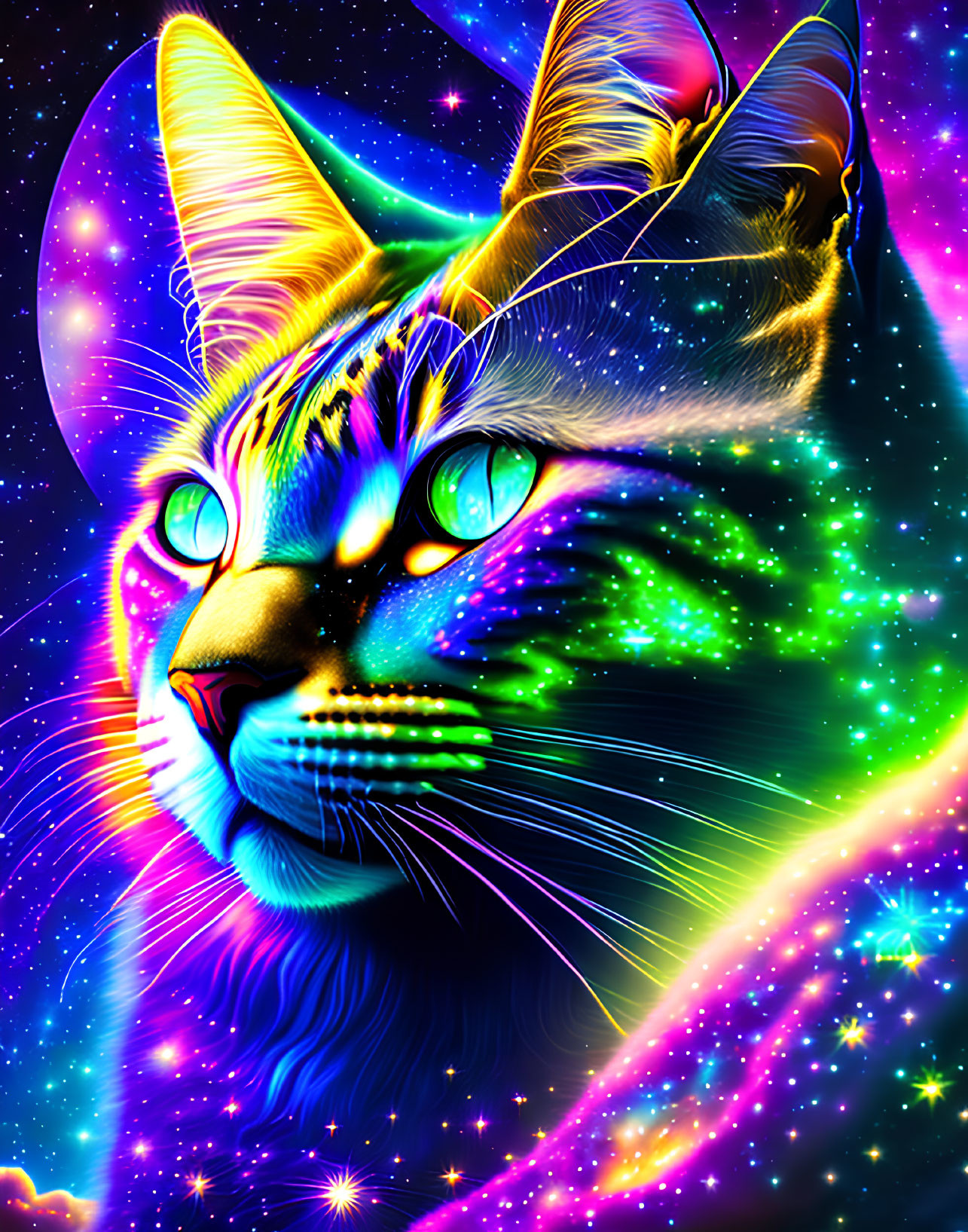 Colorful Cat Face Illustration on Cosmic Space Background