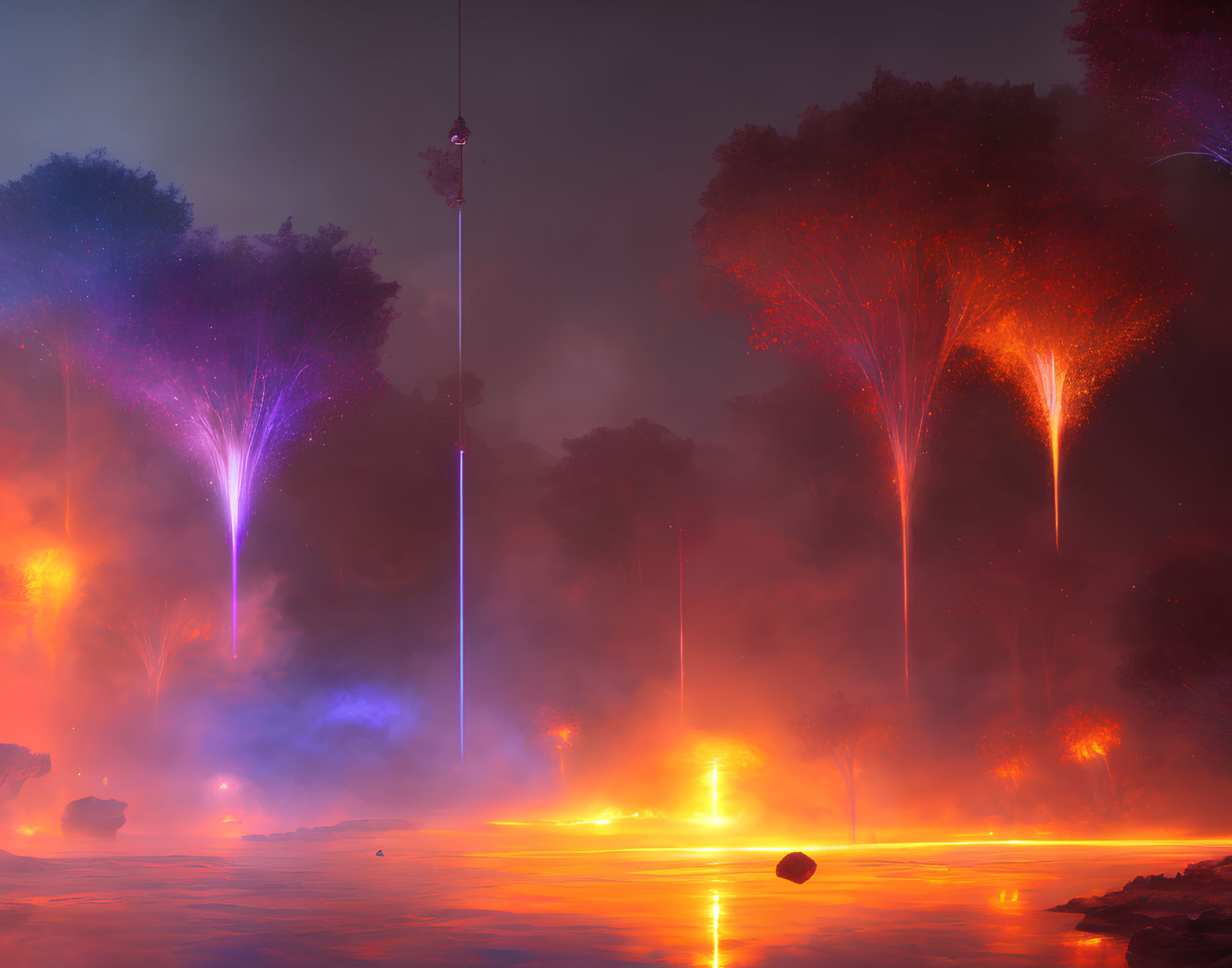 Ethereal trees in surreal landscape with misty river and vibrant orange light