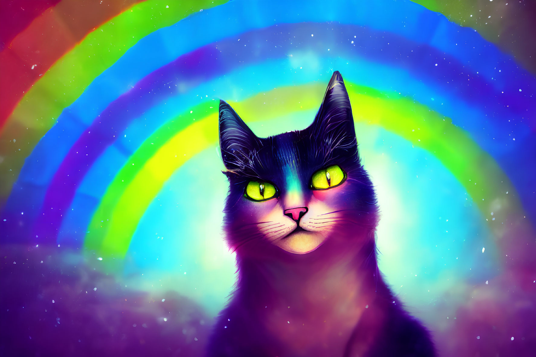 Colorful Illustration of Black Cat with Green Eyes on Rainbow Background