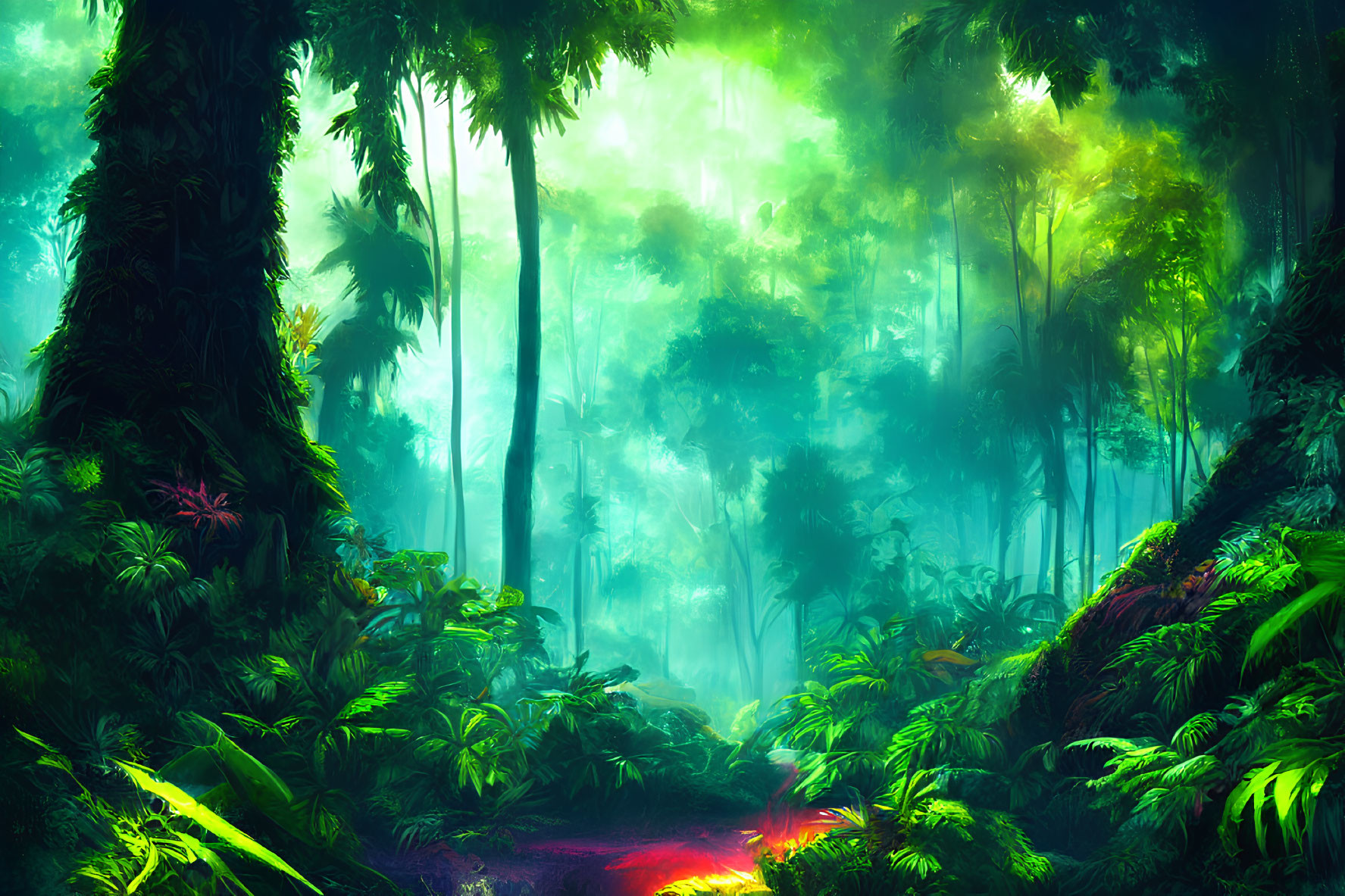 Lush green jungle with ethereal light and vivid plants