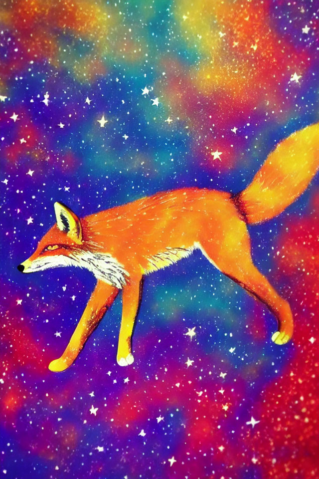 Orange Fox in Vibrant Galaxy Background with Stars