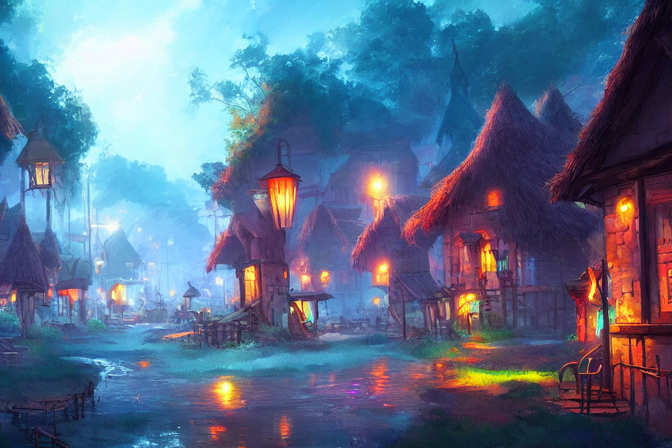 Tranquil fantasy village with thatched-roof cottages and glowing lanterns