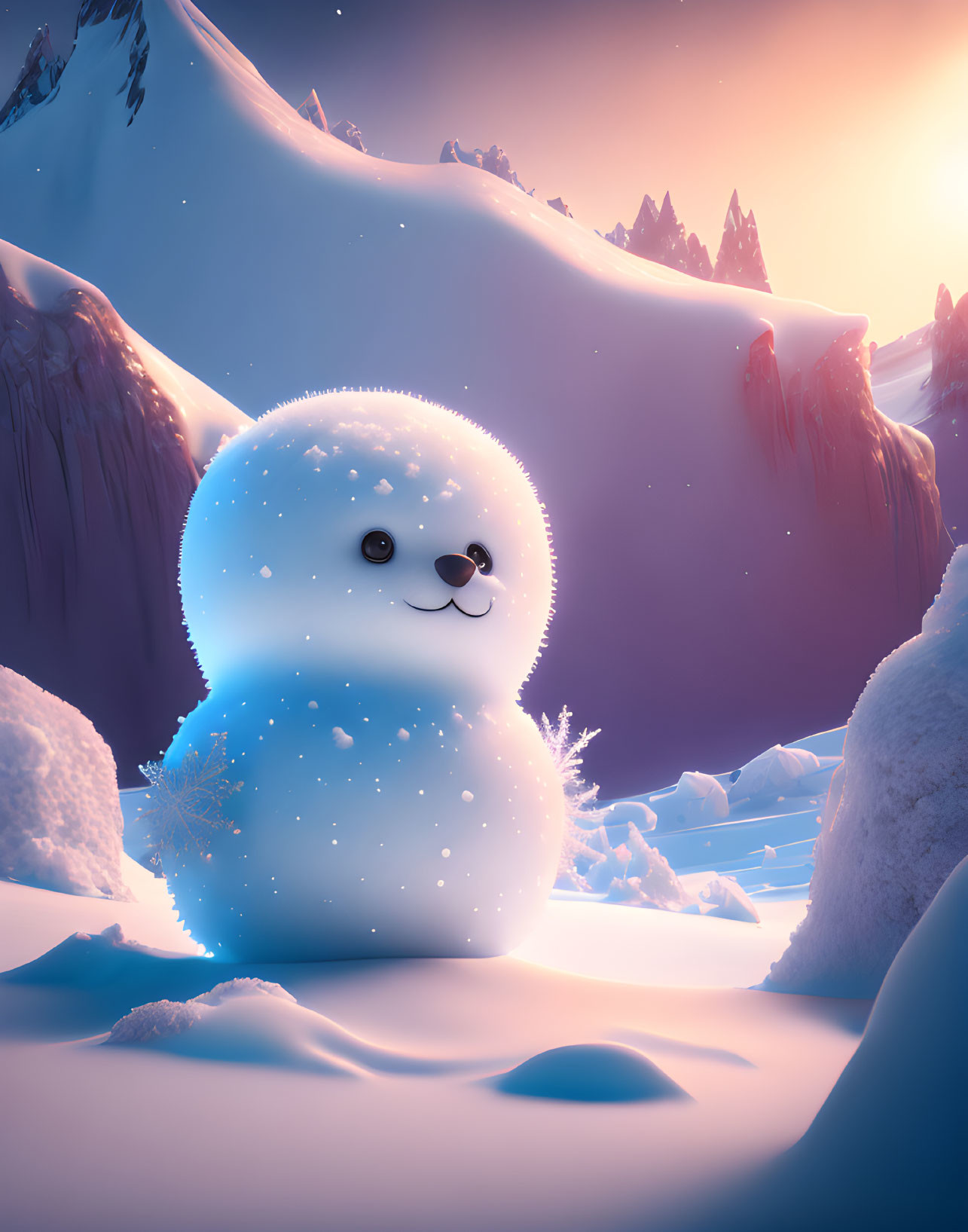 Stylized snowy landscape with cute snow creature at sunset