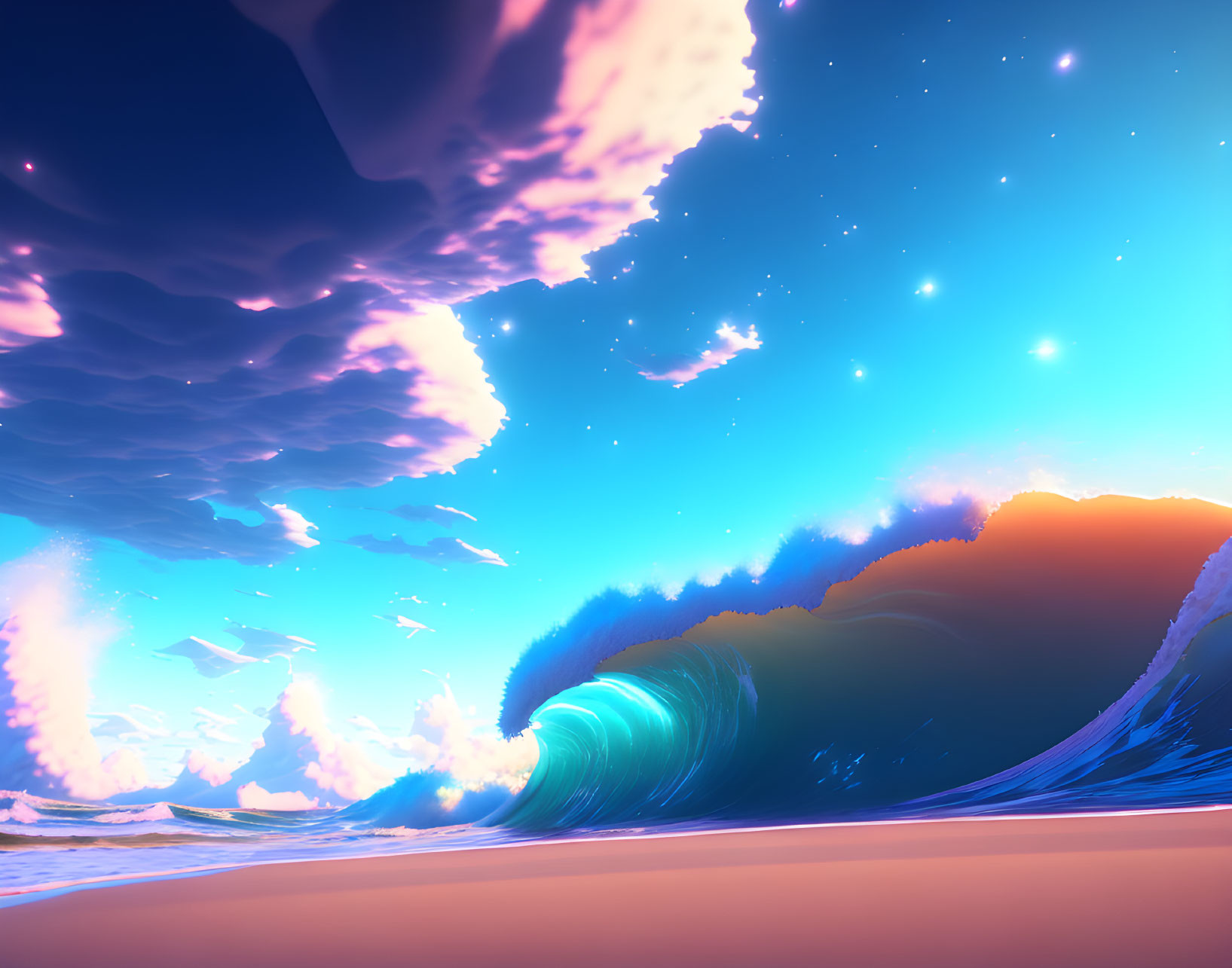 Surreal beach digital art with massive wave under starry sky