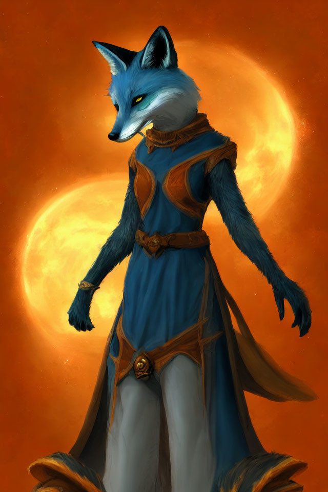 Regal anthropomorphic fox in mystical attire against warm backdrop