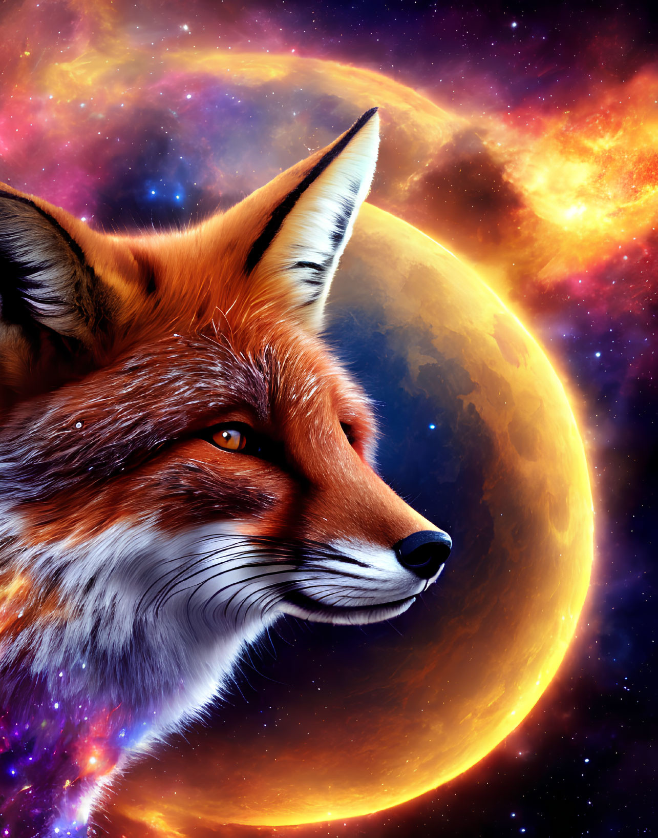 Detailed Fox Head Portrait Against Cosmic Backdrop
