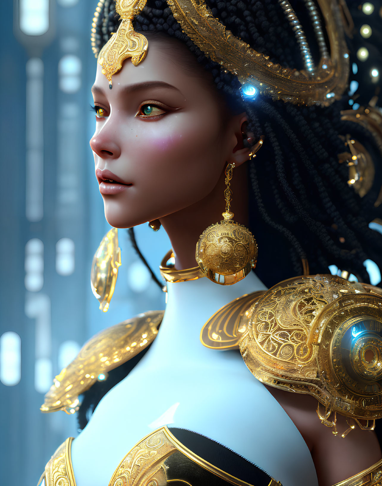 Detailed 3D illustration of woman with ornate gold jewelry and futuristic backdrop
